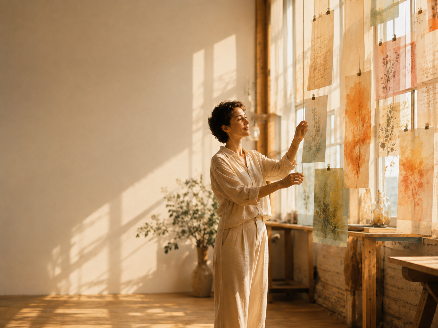 A person arranging translucent sketches in a sunlit studio.