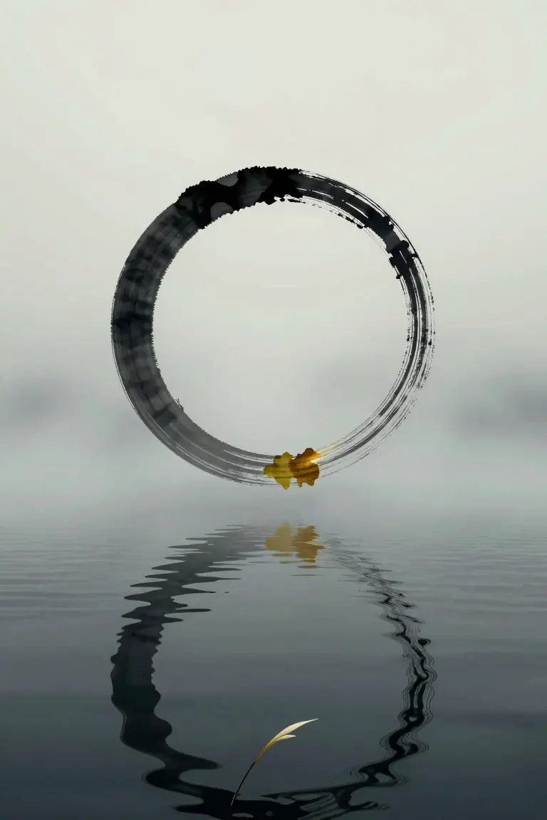 A black painted circle floats over reflective water.